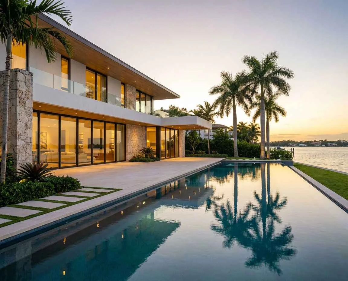 Modern residence with palm-lined entry