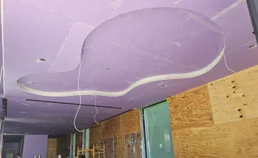 Curved organic ceiling shape cut and hung in purple moisture-resistant board
