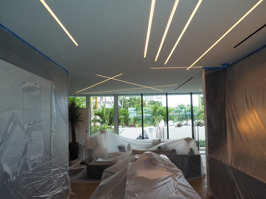 Completed ceiling with its linear cove lighting switched on